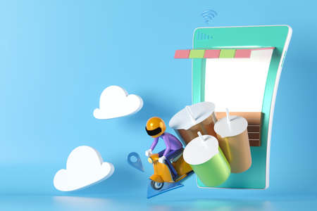 shopping online at the mall in laptop application advertising at home. delivery man ride motorbike from market. order from store network internet lifestyle. pays with card service. 3D illustrator.の写真素材