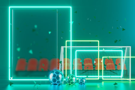 football 3d object in the abstract background, arena concept design, copy space, 3d illustration, glow neon light text frame, 3d rendering element, soccer game sport, sports equipment, realistic ballの写真素材