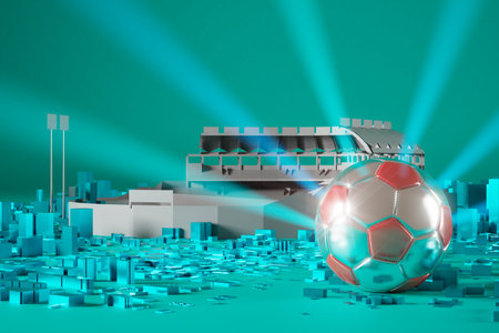 football 3d object in the abstract background, arena concept design, copy space, 3d illustration, glow neon light text frame, 3d rendering element, soccer game sport, sports equipment, realistic ballの写真素材