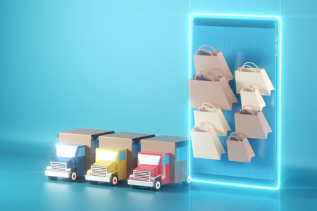 shopping online at the mall in laptop application advertising at home. delivery. application order sells the concept. the market. order from store network lifestyle. internet service. 3D illustrator.の写真素材