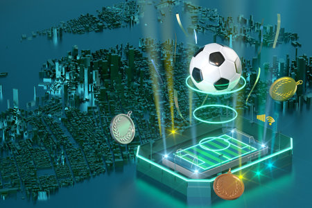 football 3d object in the abstract background, arena concept design, copy space, 3d illustration, glow neon light text frame, 3d rendering element, soccer game sport, sports equipment, realistic ballの写真素材