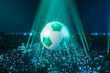 football 3d object in the abstract background, arena concept design, copy space, 3d illustration, glow neon light text frame, 3d rendering element, soccer game sport, sports equipment, realistic ballの写真素材