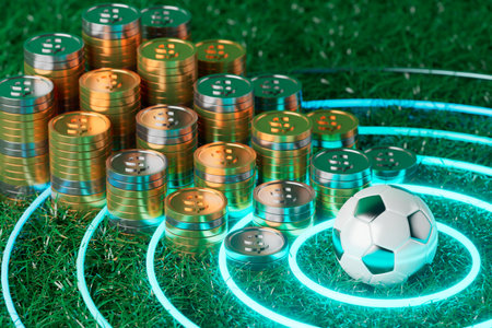 football 3d object in the abstract background, arena concept design, copy space, 3d illustration, glow neon light text frame, 3d rendering element, soccer game sport, sports equipment, realistic ballの写真素材
