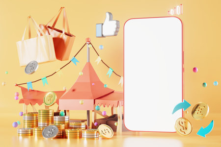 shopping online on a smartphone. white screen. 3d illustration. delivery sell. 3d store object design. shop supermarket online. coin money business element. realistic render. abstract background.\の写真素材