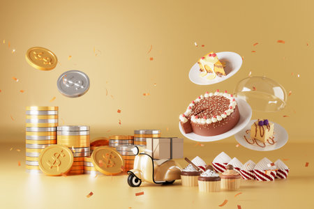 shopping online on a smartphone. white screen. 3d illustration. delivery sell. 3d store object design. shop supermarket online. coin money business element. realistic render. abstract background.\の写真素材