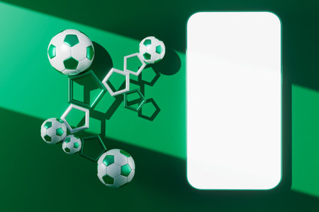 football balls object, sport ball design, football element concept, 3d illustration, abstract football technology, 3d realistic render, green grass field , online sport live, casino sport businessの写真素材