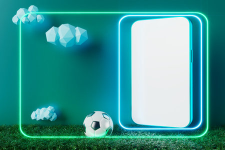 football balls object, sport ball design, football element concept, 3d illustration, abstract football technology, 3d realistic render, green grass field , online sport live, casino sport businessの写真素材
