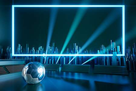 football balls object, sport ball design, football element concept, 3d illustration, abstract football technology, 3d realistic render, green grass field , online sport live, casino sport businessの写真素材