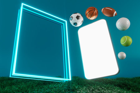 football balls object, sport ball design, football element concept, 3d illustration, abstract football technology, 3d realistic render, green grass field , online sport live, casino sport businessの写真素材