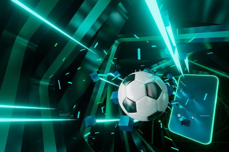 football balls object, sport ball design, football element concept, 3d illustration, abstract football technology, 3d realistic render, green grass field , online sport live, casino sport businessの写真素材