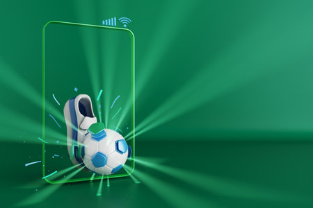 football balls object, sport ball design, football element concept, 3d illustration, abstract football technology, smartphone mobile screen, green grass field, online sport live, casino sport businessの写真素材