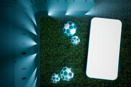 football balls object, sport ball design, football element concept, 3d illustration, abstract football technology, smartphone mobile screen, green grass field, online sport live, casino sport businessの写真素材