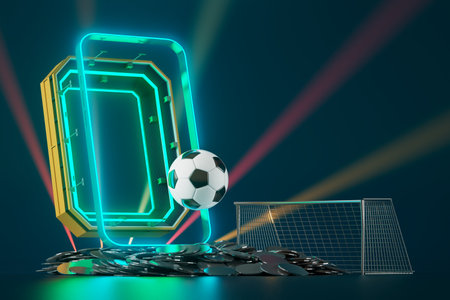 football balls object, sport ball design, football element concept, 3d illustration, abstract football technology, smartphone mobile screen, green grass field, online sport live, casino sport businessの写真素材