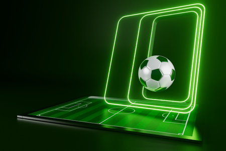 football balls object, sport ball design, football element concept, 3d illustration, abstract football technology, smartphone mobile screen, green grass field, online sport live, casino sport businessの写真素材