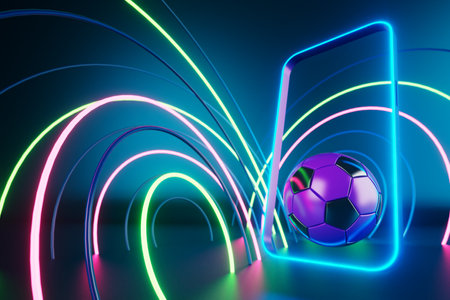 football balls object, sport ball design, football element concept, 3d illustration, abstract football technology, smartphone mobile screen, green grass field, online sport live, casino sport businessの写真素材