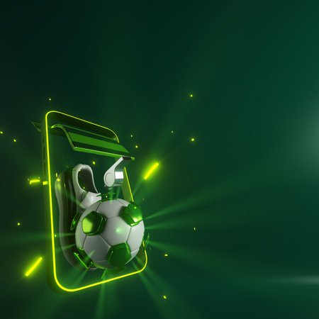 football balls object, sport ball design, football element concept, 3d illustration, abstract football technology, smartphone mobile screen, green grass field, online sport live, casino sport businessの写真素材