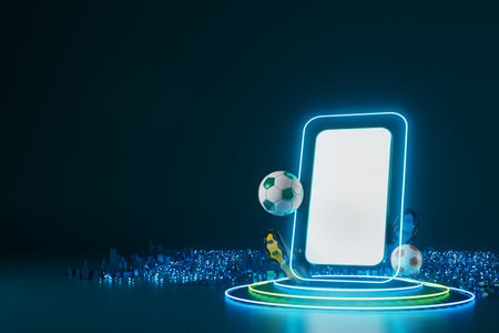 football balls object, sport ball design, football element concept, 3d illustration, abstract football technology, smartphone mobile screen, green grass field, online sport live, casino sport businessの写真素材