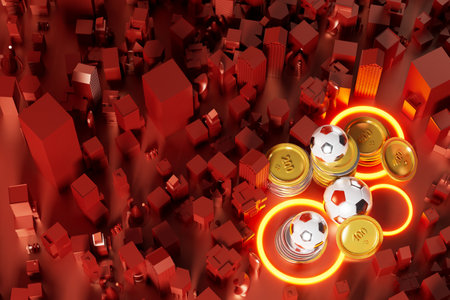football balls object, sport ball design, football element concept, 3d illustration, abstract football technology, smartphone mobile screen, green grass field, online sport live, casino sport businessの写真素材