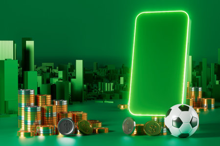 football balls object, sport ball design, football element concept, 3d illustration, abstract football technology, smartphone mobile screen, green grass field, online sport live, casino sport businessの写真素材
