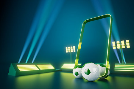 football balls object, sport ball design, football element concept, 3d illustration, abstract football technology, smartphone mobile screen, green grass field, online sport live, casino sport businessの写真素材