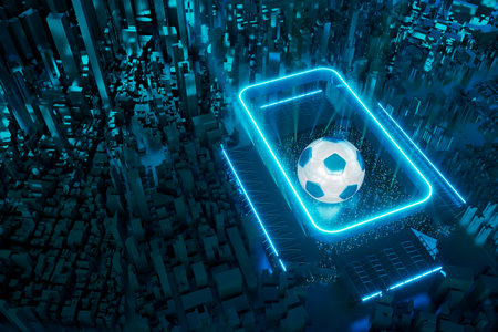 football balls object, sport ball design, football element concept, 3d illustration, abstract football technology, smartphone mobile screen, green grass field, online sport live, casino sport businessの写真素材