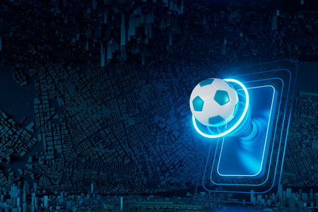football balls object, sport ball design, football element concept, 3d illustration, abstract football technology, smartphone mobile screen, green grass field, online sport live, casino sport businessの写真素材