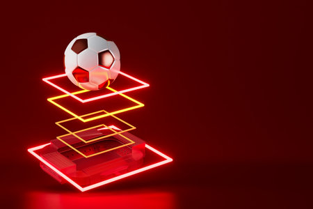 football balls object, sport ball design, football element concept, 3d illustration, abstract football technology, smartphone mobile screen, green grass field, online sport live, casino sport businessの写真素材