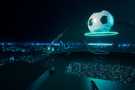 football balls object, sport ball design, football element concept, 3d illustration, abstract football technology, smartphone mobile screen, green grass field, online sport live, casino sport businessの写真素材