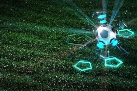 football balls object, sport ball design, football element concept, 3d illustration, abstract football technology, smartphone mobile screen, green grass field, online sport live, casino sport businessの写真素材