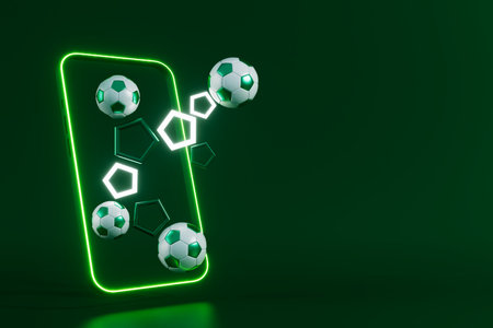 football balls object, sport ball design, football element concept, 3d illustration, abstract football technology, smartphone mobile screen, green grass field, online sport live, casino sport businessの写真素材