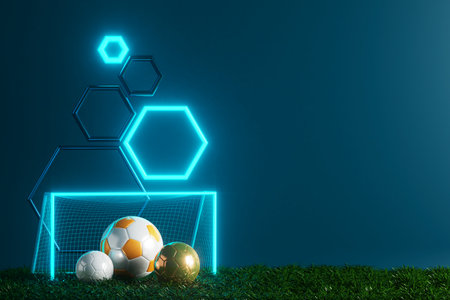 football balls object, sport ball design, football element concept, 3d illustration, abstract football technology, smartphone mobile screen, green grass field, online sport live, casino sport businessの写真素材