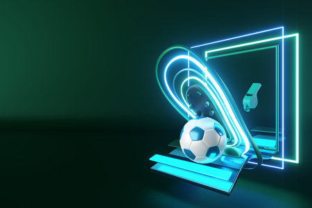 football balls object, sport ball design, football element concept, 3d illustration, abstract football technology, smartphone mobile screen, green grass field, online sport live, casino sport businessの写真素材