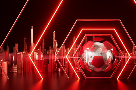 football balls object, sport ball design, football element concept, 3d illustration, abstract football technology, smartphone mobile screen, green grass field, online sport live, casino sport businessの写真素材