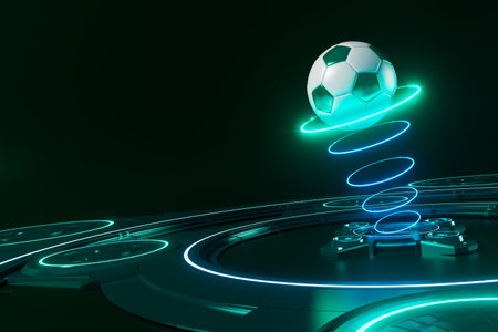 football balls object, sport ball design, football element concept, 3d illustration, abstract football technology, smartphone mobile screen, green grass field, online sport live, casino sport businessの写真素材
