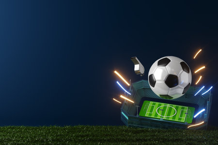 football balls object, sport ball design, football element concept, 3d illustration, abstract football technology, smartphone mobile screen, green grass field, online sport live, casino sport businessの写真素材