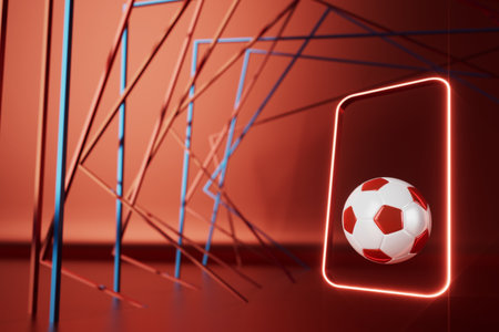 football balls object, sport ball design, football element concept, 3d illustration, abstract football technology, smartphone mobile screen, green grass field, online sport live, casino sport businessの写真素材