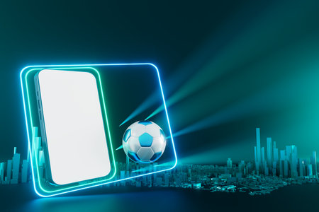 football balls object, sport ball design, football element concept, 3d illustration, abstract football technology, smartphone mobile screen, green grass field, online sport live, casino sport businessの写真素材