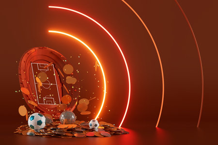football balls object, sport ball design, football element concept, 3d illustration, abstract football technology, smartphone mobile screen, green grass field, online sport live, casino sport businessの写真素材