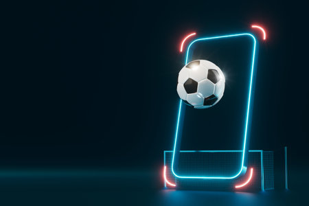 football balls object, sport ball design, football element concept, 3d illustration, abstract football technology, smartphone mobile screen, green grass field, online sport live, casino sport businessの写真素材