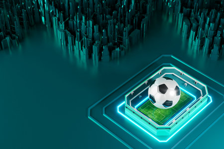 football balls object, sport ball design, football element concept, 3d illustration, abstract football technology, smartphone mobile screen, green grass field, online sport live, casino sport businessの写真素材