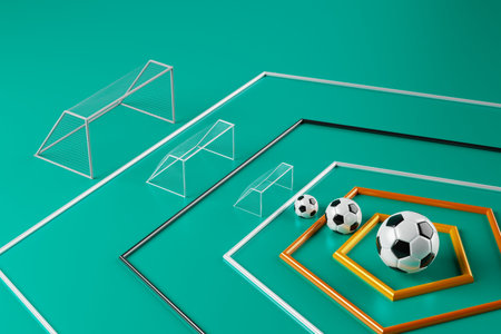 football balls object, sport ball design, football element concept, 3d illustration, abstract football technology, smartphone mobile screen, green grass field, online sport live, casino sport businessの写真素材