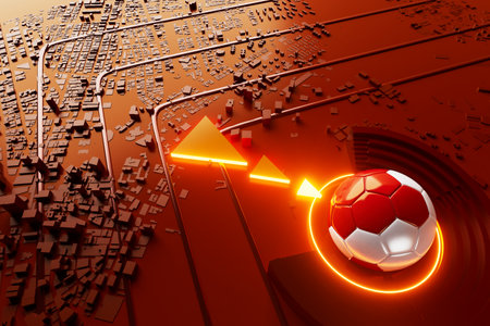 football balls object, sport ball design, football element concept, 3d illustration, abstract football technology, smartphone mobile screen, green grass field, online sport live, casino sport businessの写真素材