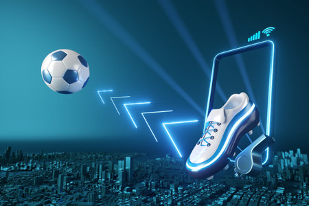 football balls object, sport ball design, football element concept, 3d illustration, abstract football technology, smartphone mobile screen, green grass field, online sport live, casino sport businessの写真素材