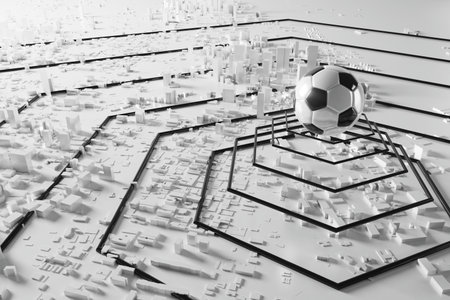 3d football object design. realistic rendering. abstract futuristic background. 3d illustration. motion geometry concept. sport competition graphic. tournament game bet content. soccer ball element.の写真素材
