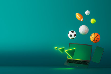3d sport rendering. background for a sports game. 3d illustration. realistic abstract backdrop. ball object. copy space. tennis soccer basketball golf rugby volleyball elements. neon concept design.の写真素材