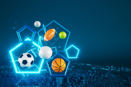 3d sport rendering. background for a sports game. 3d illustration. realistic abstract backdrop. ball object. copy space. tennis soccer basketball golf rugby volleyball elements. neon concept design.の写真素材