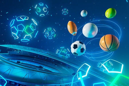 3d sport rendering. background for a sports game. 3d illustration. realistic abstract backdrop. ball object. copy space. tennis soccer basketball golf rugby volleyball elements. neon concept design.の写真素材