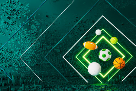 3d sport rendering. background for a sports game. 3d illustration. realistic abstract backdrop. ball object. copy space. tennis soccer basketball golf rugby volleyball elements. neon concept design.の写真素材