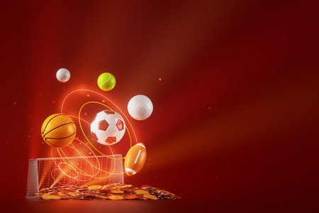 3d sport rendering. background for a sports game. 3d illustration. realistic abstract backdrop. ball object. copy space. tennis soccer basketball golf rugby volleyball elements. neon concept design.の写真素材