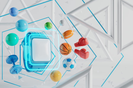 sport object with smartwatch copy space screen. 3d illustration. realistic rendering. fitness health...